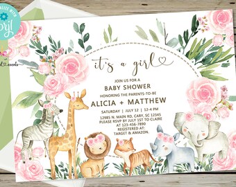 May include: A baby shower invitation featuring a pink and green floral design. The text reads "it's a girl" and includes the names Alicia and Matthew. The invitation also provides details about the date, time, and location of the shower.