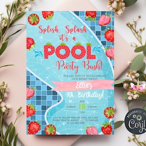 Convite de aniversário de menina doce de morangos, convite de aniversário na piscina, impressão digital corjl, frutas de morango, aniversário à beira da piscina