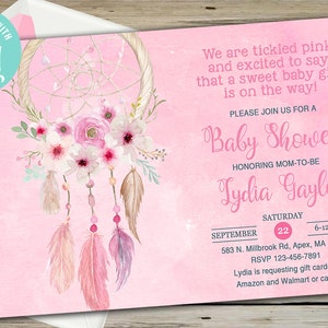 Invito per baby shower acchiappasogni, invito baby shower per ragazze, boho nativo tribale solleticato rosa, download digitale stampabile, tappo modificabile.