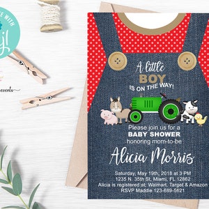Denim overalls farm baby shower invitation, boy baby shower invite a little boy is on the way, corjl digital printable, boy blue denims farm