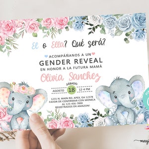 Invitación de revelación de género de elefantes, invitación, niño o niña, él o ella, cómo será el bebé, imprimible digitalmente, español español, editable en corjl.