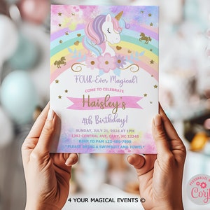 Unicorn and rainbow birthday invitation, girl birthday party invite, digital printable corjl editable, rainbow unicorn, FOUR-EVER MAGICAL.