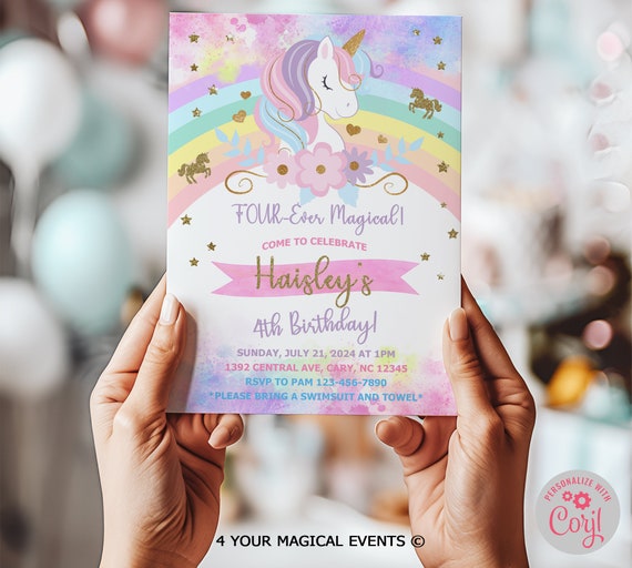 Unicorn and rainbow birthday invitation, girl birthday party invite, digital printable corjl editable, rainbow unicorn, FOUR-EVER MAGICAL.