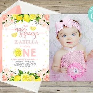 Lemons 1st birthday invitation, girl 1st birthday invite, digital printable, our main squeeze is turning one, lemons photo invitation, corjl