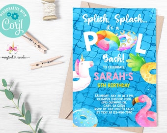 Invitation d'anniversaire de fille de POOL PARTY, invitation d'anniversaire de fille de piscine, été, flotteurs de piscine, corjl imprimable numérique, bash de partie de piscine.