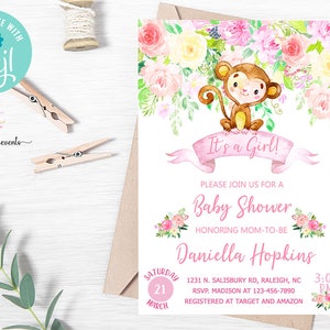 May include: Pink and white baby shower invitation with a watercolor illustration of a monkey sitting on a branch with pink flowers. The text reads "It's a Girl!" and "Please join us for a Baby Shower honoring Mom-to-be Daniella Hopkins".