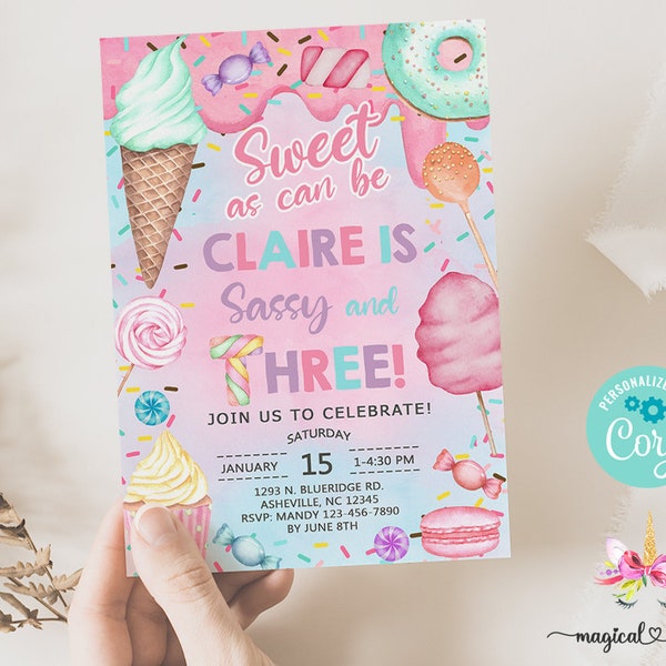 SWEET as can be girl sassy and three 3rd third birthday invitation, birthday invite, cotton candy sweets donuts, corjl digital printable.