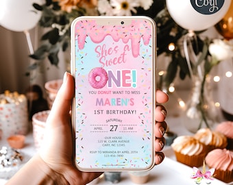 Sweet One girl birthday cell phone evite, Sweet One birthday phone invitation electronic invite, sweets donuts, corjl digital printable.
