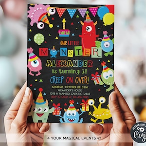 MONSTERS little monster, boy birthday invitation, boy monsters invite, creep on over, monsters boy birthday, corjl digital printable invite.
