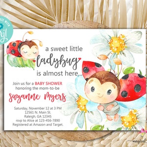 Ladybug girl baby shower invitation, a sweet little ladybug baby shower invite, red ladybugs, digital printable, daisies, corjl editable.