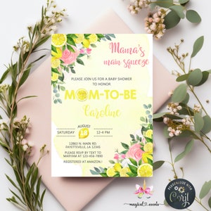 Zitronen Mamas Main Squeeze-Babypartyeinladung, Mädchen-Babypartyeinladung, corjl editierbar, digital druckbar, Zitronen-Sommer-Duscheeinladung.