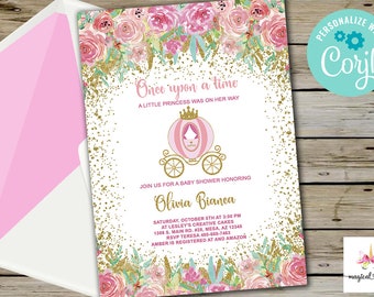 Pink gold princess baby shower invitation, girl baby shower invite pink flowers gold crown royal carriage, digital printable corjl editable.