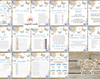 Butterflies girl baby shower games bundle, girl baby shower games package, digital printable, 15 beautiful fun games, blue girl baby shower.