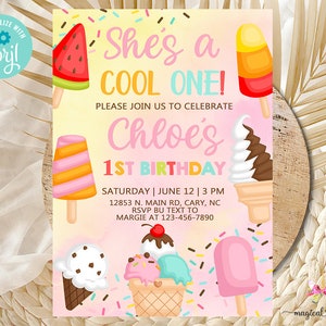 COOL ONE popsicle & ice cream girl 1st first birthday invitation, invite, she&#39;s a cool one, girl summer invitation, corjl digital printable.
