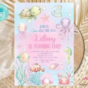 One-der the Sea birthday invitation, girl birthday invite, Oneder the sea ocean life invite, corjl digital printable, pastel sea animals.