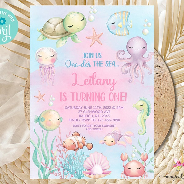 One-der the Sea birthday invitation, girl birthday invite, Oneder the sea ocean life invite, corjl digital printable, pastel sea animals.