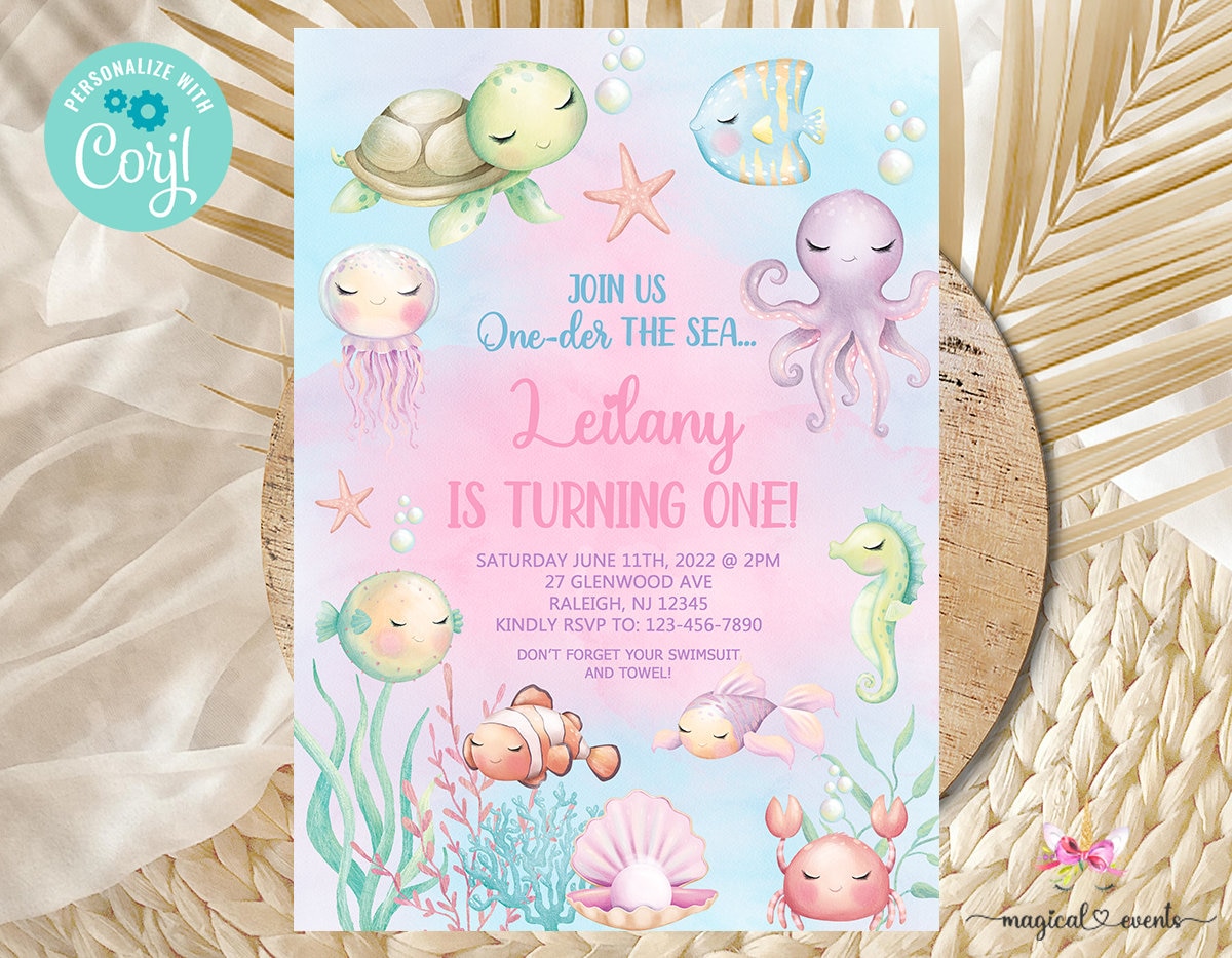 One-der the Sea Birthday Invitation, Girl Birthday Invite, Oneder the Sea  Ocean Life Invite, Corjl Digital Printable, Pastel Sea Animals. 