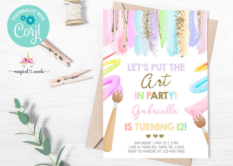 May include: A colorful invitation for a birthday party with a paintbrush and paint splatters. The text reads "Let's Put the Art in Party! Gabriella is turning 12!" with the date, time, address, and RSVP information.