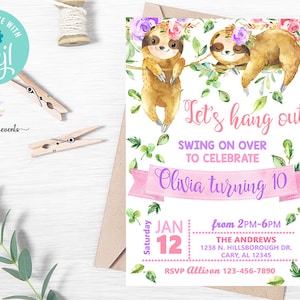 Sloth girl birthday invitation, lets hang out girl birthday invite, digital printable, swing on over to celebrate, corjl editable, sloths.