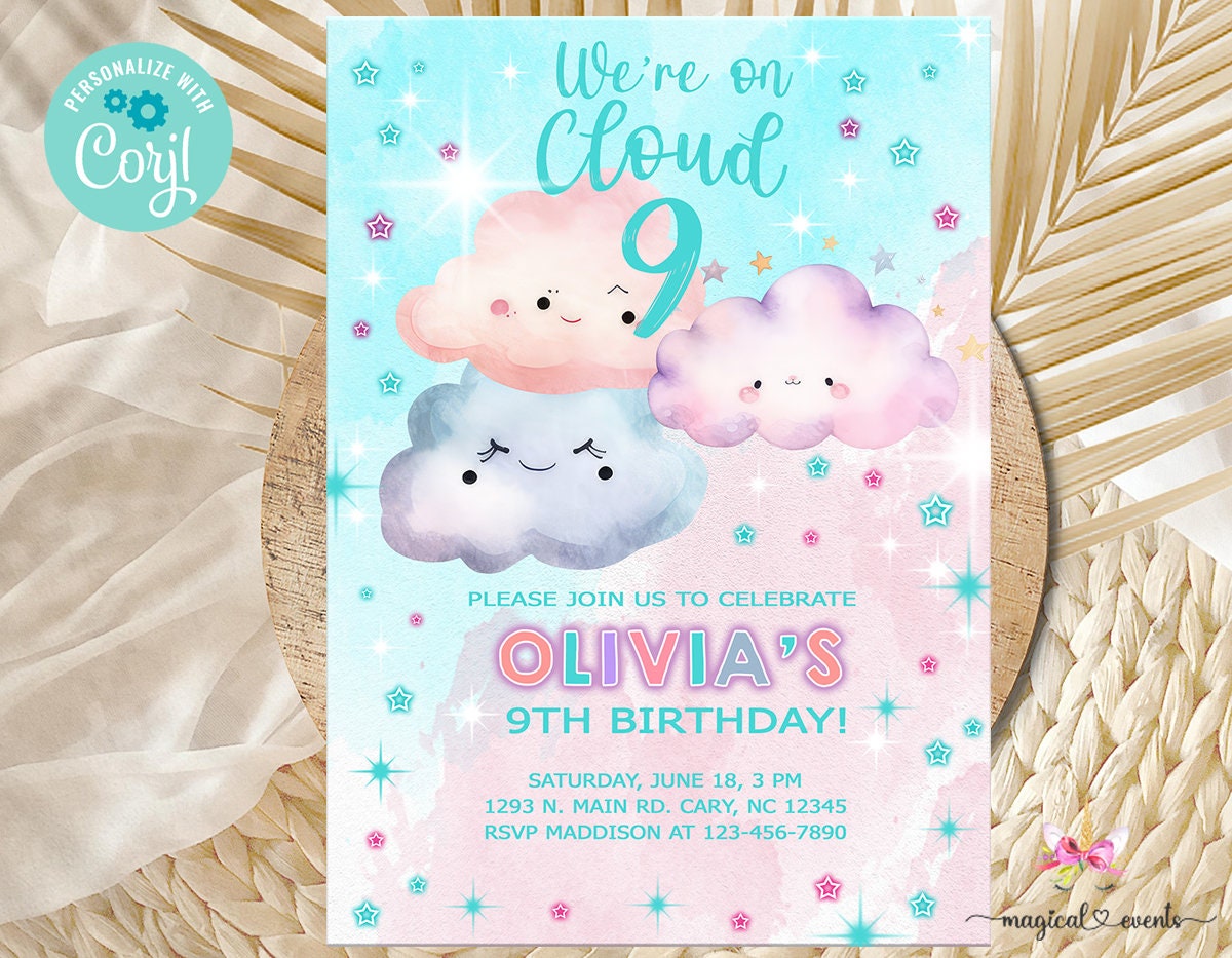 On Cloud Nine Girl Birthday Invitation, on Cloud Nine Girl