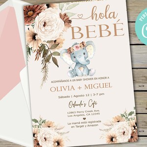 Olifant boho bloemen babyshower uitnodiging, meisje bruin roze olifant uitnodigen, digitaal afdrukbaar, boho, Spaanse español, corjl bewerkbaar.