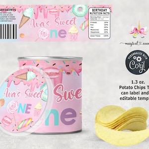 Sweet One Girl&#39;s 1st First Birthday Chips Tube Dosenetiketten, digital bedruckbar, Geburtstagsgeschenke, Partyzubehör, Deckel und Verpackung.