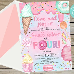 Candy Sweet girls siblings birthday invitation, birthday invite, cotton candy sweets donut ice cream cupcake, corjl digital printable.