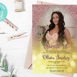 Sweet 16 dieciséis invitación fotográfica, quinceañera, bokeh dorado, brillo oro rosa, imprimible digital, corjl editable, invitación a la foto dulce 15.
