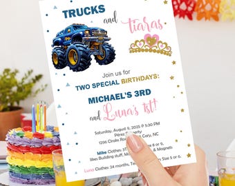 Siblings tiara & monster trucks birthday invitation, boy girl brother sister, birthday invite digital printable, trucks tiaras, gold, corjl.