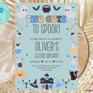 TWO cute to spook Halloween boy birthday invitation, blue invite, digital printable, Halloween birthday, ghosts skull candy potions, corjl.
