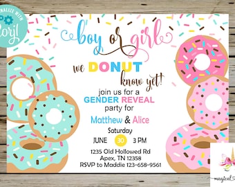 Donut gender reveal invitation, gender reveal invite, boy or girl, we donut know yet, digital printable download, he or she, corjl editable.