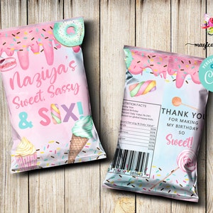 May include: Pink and blue favor bags with a sweet and sassy theme. The bags feature a variety of candy and dessert illustrations, including donuts, ice cream cones, and lollipops. The text on the bag reads "Naziya's Sweet, Sassy & Six!" and "Thank You for Making My Birthday So Sweet!"