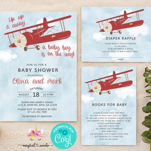 Red airplane baby shower invitation, books for baby, diaper raffle, digital printable, up up & away a baby boy is on the way, corjl editable