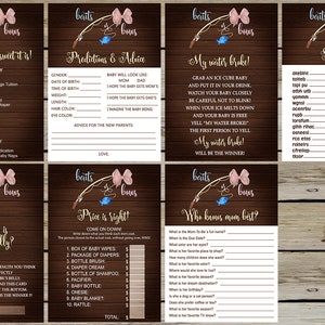 Baits or bows gender reveal games bundle, gender reveal games package, gender reveal games pack, baits or bows gender reveal, brown wood.
