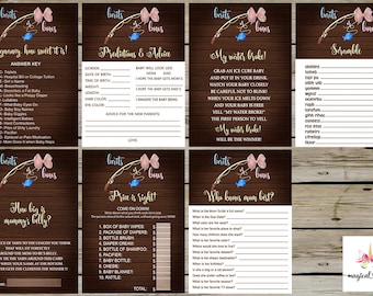 Baits or bows gender reveal games bundle, gender reveal games package, gender reveal games pack, baits or bows gender reveal, brown wood.