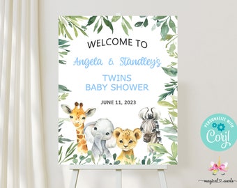 16x20 safari animals baby shower welcome sign, safari / jungle theme, boy safari welcome sign, elephant lion giraffe zebra, boy safari corjl