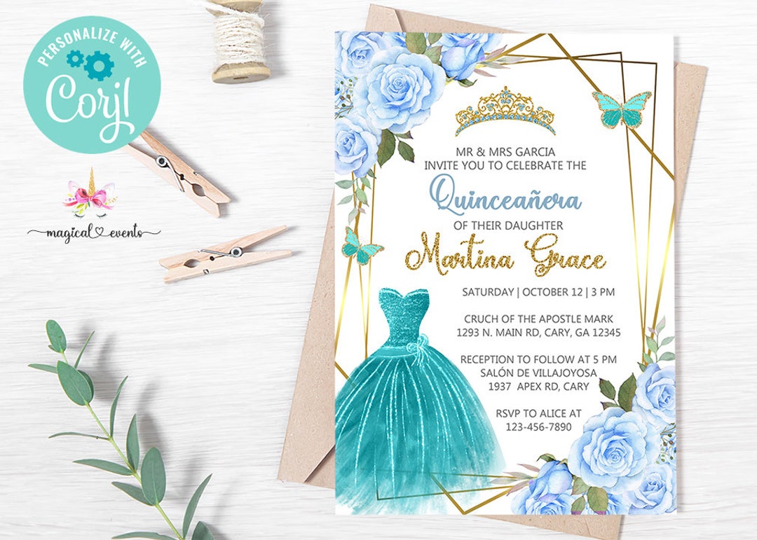 Dulce 16, Invitación Quinceañera, marco oro rosas azules, mariposas