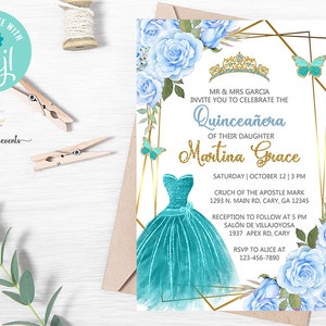 Sweet 16, Quinceañera invitation, blue roses gold frame, butterflies, turquoise quinceañera, sweet 16, digital printable corjl editable.
