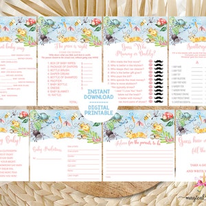 May include: A set of printable baby shower game cards featuring a blue and pink color scheme with a bug theme. The cards include games like "Guess Who Mommy or Daddy?", "Scattergories", "Don't Say Baby", "Baby Predictions", "Advice for the Parents-to-Be", and "Guess How Many M&Ms Fill the Bottle".