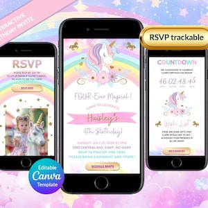 Può includere: Tre smartphone che mostrano un modello di invito di compleanno digitale interattivo con un unicorno, un arcobaleno e nuvole pastello. Gli schermi mostrano testo tra cui RSVP, FOUR-Ever Magical, Haisley's 4th Birthday e un timer per il conto alla rovescia.