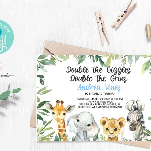 Safari animals baby shower invitation, boy invite, digital printable, elephant giraffe lion zebra, twins, twin boys, corjl editable.