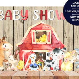 May include: A printable backdrop for a baby shower with a red barn, a horse, a rabbit, a chicken, a cow, a sheep, and a goat. The backdrop has a wooden background and the text "BABY SHOW" in pink and red letters.
