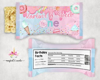 Sweet one girl 1st birthday crispy rice label, Sweet One party favors favor, editable digital printable, cupcake ice cream donut, sweet one.