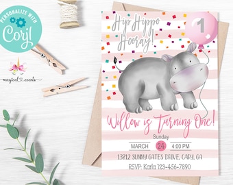 Zaproszenie urodzinowe Hippo Huraa, zaproszenie urodzinowe dla dziewczynki z różowym hipopotamem, zaproszenie dla dziewczynki, Corjl do druku cyfrowego, urodziny z różowym balonem z konfetti.