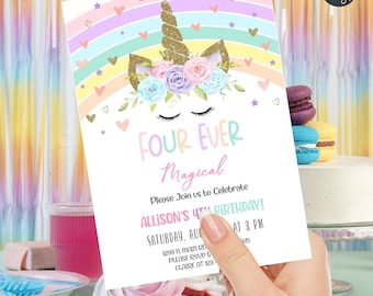 Unicorn and rainbow FOUR-EVER Magical girl 4th birthday invitation, girl 4th birthday party invite, corjl digital printable rainbow unicorn.
