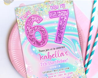 I was 6 now I'm 7 girl birthday invitation, girl 7th birthday invite, digital printable, glitter sequin numbers, corjl digital editable.