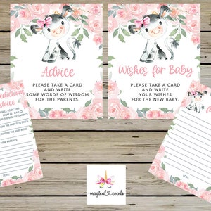 Paquete de carteles y tarjetas de baby shower de vaca, baby shower de niña, flores rosas, consejos, predicciones, deseos para tarjetas y carteles de bebé, baby shower de vaca.