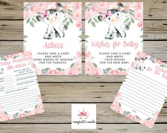 Kuh Babyparty Zeichen und Karten bündeln, Mädchen-Babyparty, rosa Blumen, Ratschläge Voraussagen Wünsche für Babykarten und Zeichen, Kuh Babyparty.