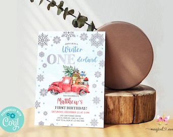 May include: A blue and white invitation with a red truck carrying a Christmas tree and woodland animals. The text reads "Join us in a Winter One Derland to celebrate Matthew's First Birthday!" with the date and time of the event.