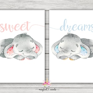 Baby elephants wall art, sweet dreams wall decor, digital printable, instant download, boy and girl elephant, nursery wall art, elephants.